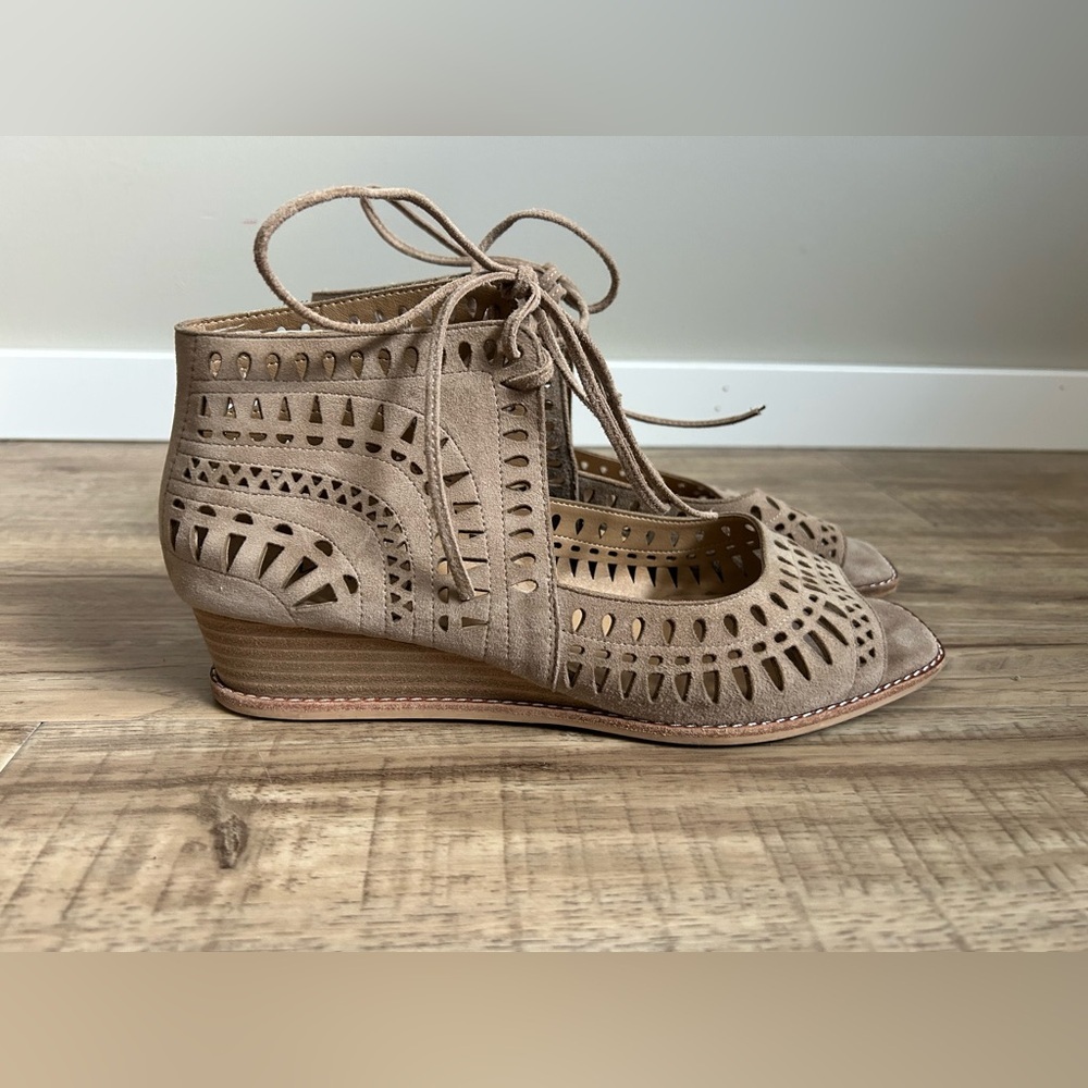 Vaneli Taupe laser Cutout Wedge Shoes neutral capsule boho bohemian lagenlook